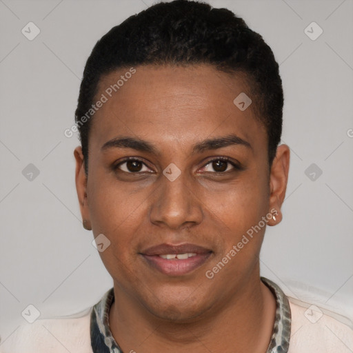Joyful black young-adult male with short  black hair and brown eyes