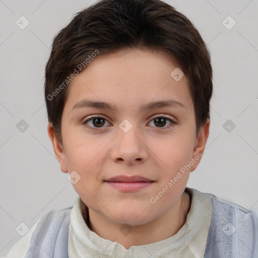 Joyful white child female with short  brown hair and brown eyes