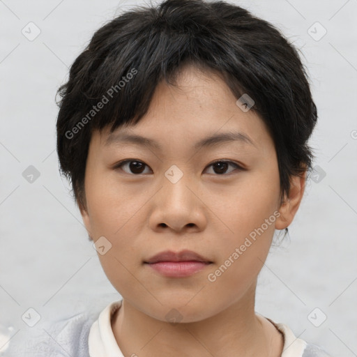 Neutral asian young-adult female with short  brown hair and brown eyes