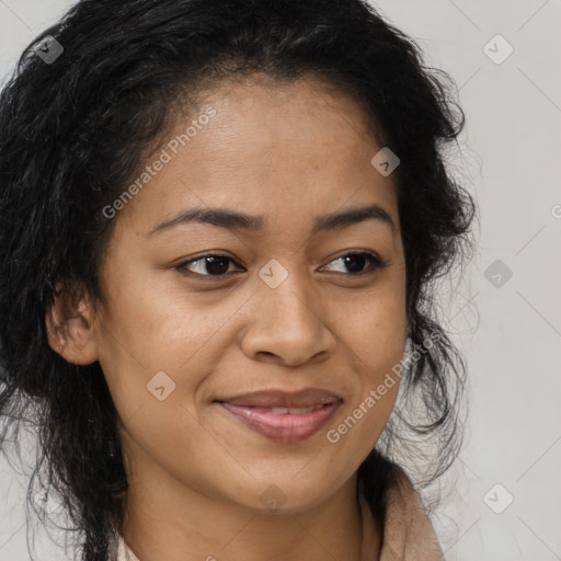 Joyful latino young-adult female with long  brown hair and brown eyes