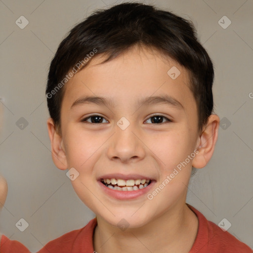 Joyful white child male with short  brown hair and brown eyes