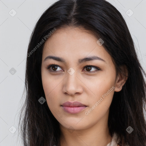 Neutral latino young-adult female with long  brown hair and brown eyes