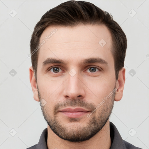 Neutral white young-adult male with short  brown hair and grey eyes