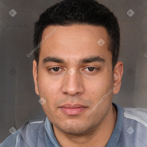 Neutral white young-adult male with short  black hair and brown eyes