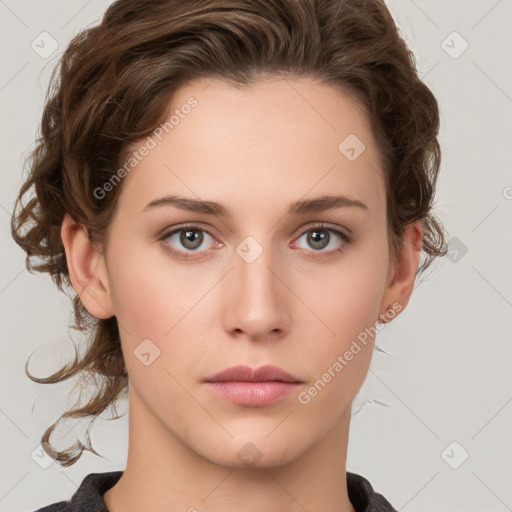 Neutral white young-adult female with medium  brown hair and grey eyes