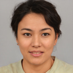 Joyful asian young-adult female with short  brown hair and brown eyes