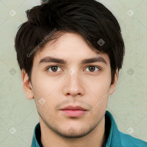 Neutral white young-adult male with short  brown hair and brown eyes