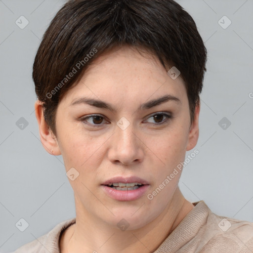 Joyful white young-adult female with short  brown hair and brown eyes