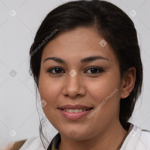 Joyful white young-adult female with medium  brown hair and brown eyes