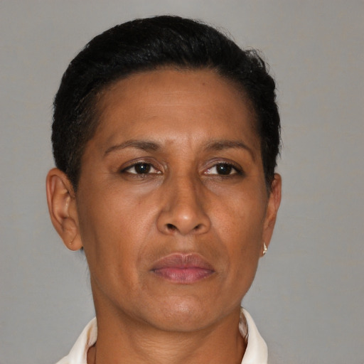 Neutral latino adult female with short  brown hair and brown eyes
