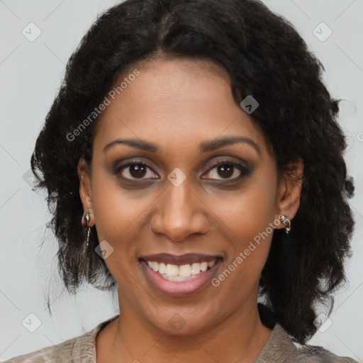 Joyful black young-adult female with medium  black hair and brown eyes