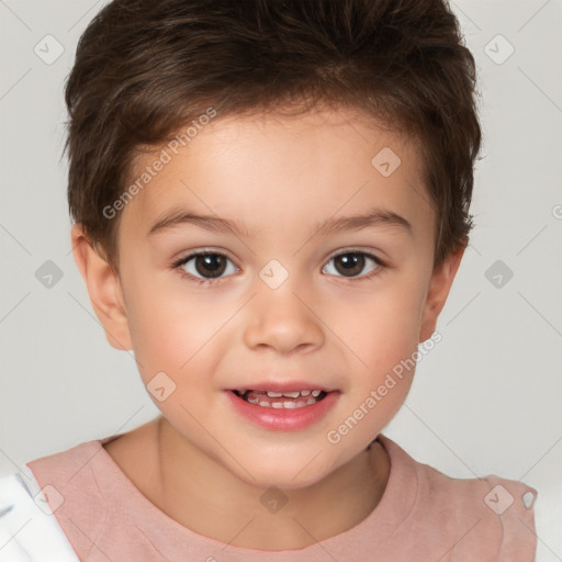 Joyful white child female with short  brown hair and brown eyes