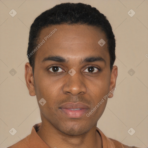 Neutral latino young-adult male with short  black hair and brown eyes