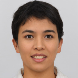 Joyful asian young-adult female with short  brown hair and brown eyes