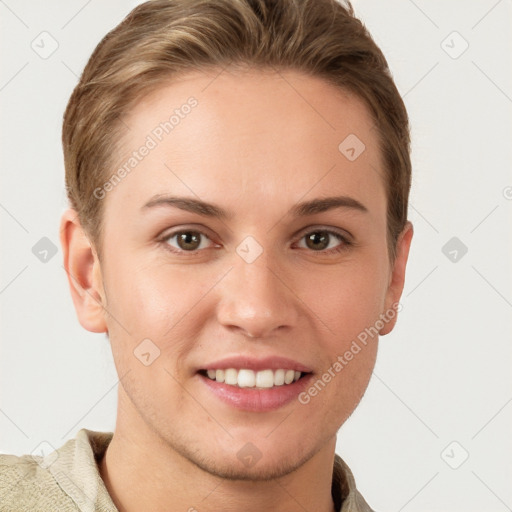 Joyful white young-adult female with short  brown hair and grey eyes