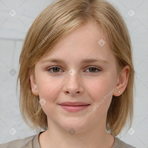 Joyful white child female with medium  brown hair and grey eyes