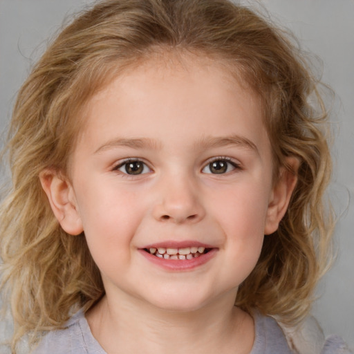 Joyful white child female with medium  brown hair and brown eyes