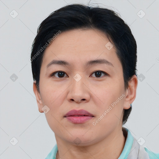 Neutral asian young-adult female with short  black hair and brown eyes