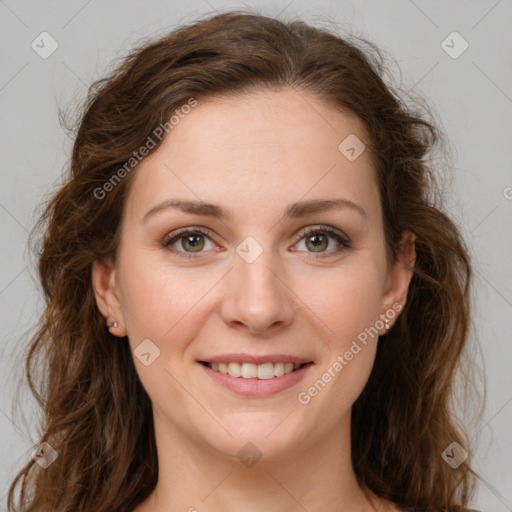 Joyful white young-adult female with long  brown hair and green eyes