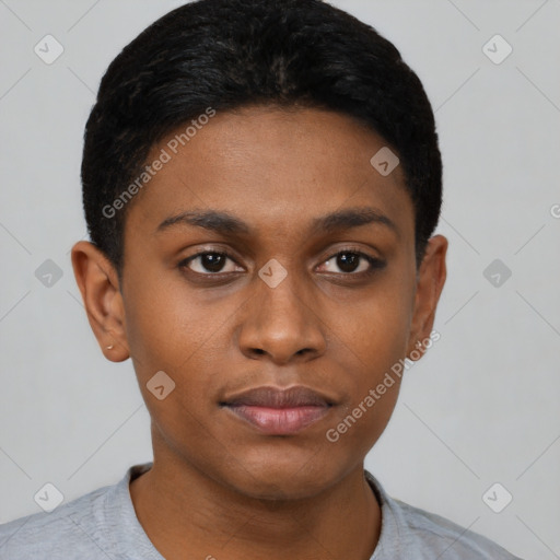 Neutral black young-adult female with short  black hair and brown eyes