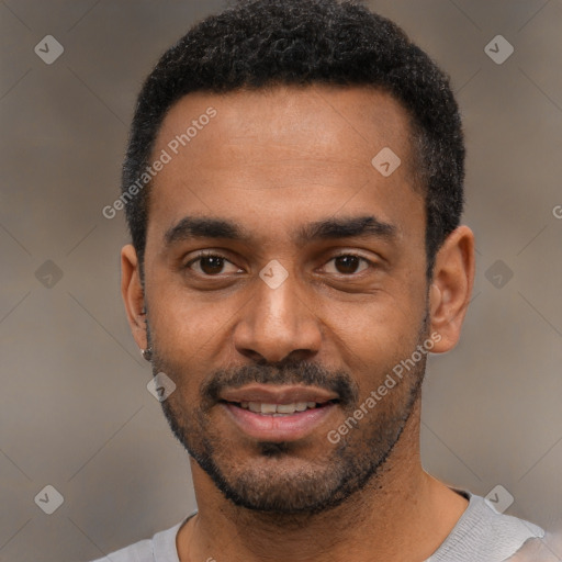 Joyful black young-adult male with short  black hair and brown eyes