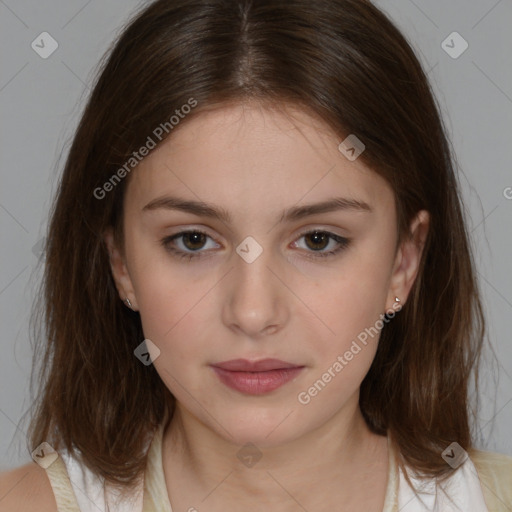 Neutral white young-adult female with medium  brown hair and brown eyes