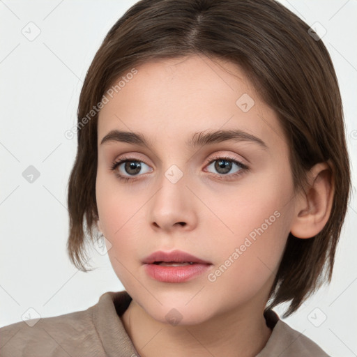 Neutral white young-adult female with medium  brown hair and brown eyes