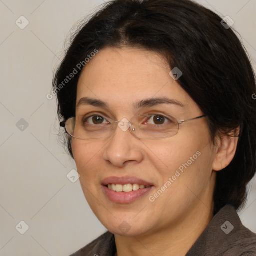 Joyful white adult female with medium  brown hair and brown eyes