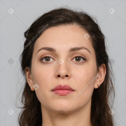 Neutral white young-adult female with medium  brown hair and brown eyes