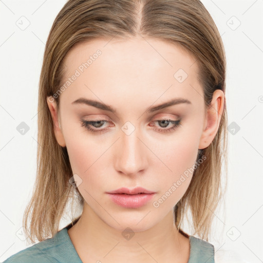 Neutral white young-adult female with medium  brown hair and blue eyes