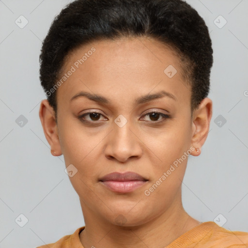 Joyful latino young-adult female with short  brown hair and brown eyes