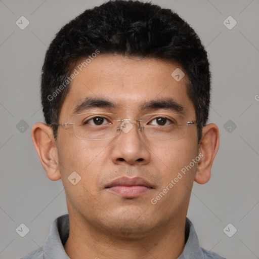 Neutral asian young-adult male with short  brown hair and brown eyes