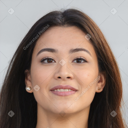 Joyful asian young-adult female with long  brown hair and brown eyes