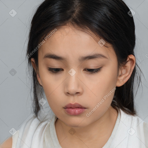 Neutral asian young-adult female with medium  brown hair and brown eyes