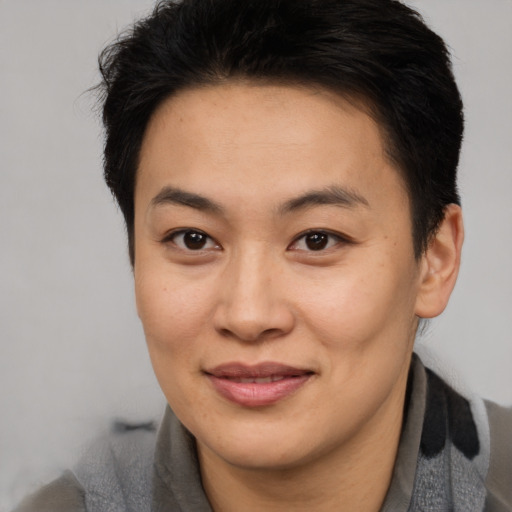 Joyful asian young-adult female with medium  brown hair and brown eyes