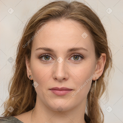 Joyful white young-adult female with medium  brown hair and blue eyes