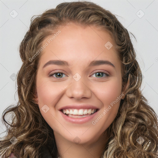 Joyful white young-adult female with long  brown hair and green eyes