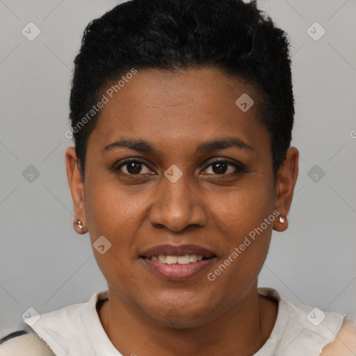 Joyful black young-adult female with short  black hair and brown eyes