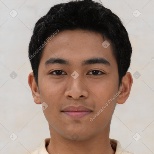 Neutral asian young-adult male with short  black hair and brown eyes