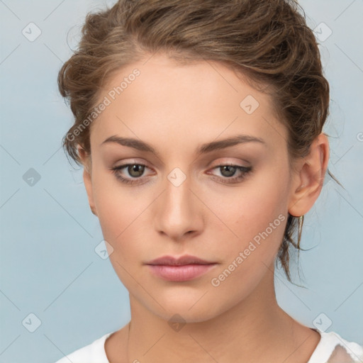 Neutral white young-adult female with medium  brown hair and brown eyes