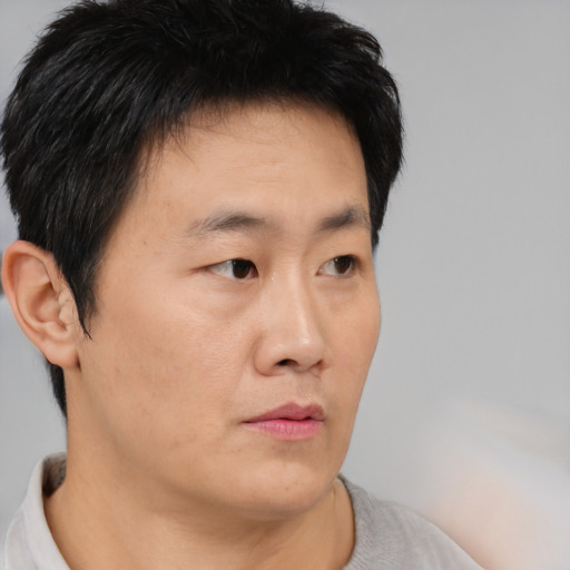 Neutral asian young-adult male with short  brown hair and brown eyes