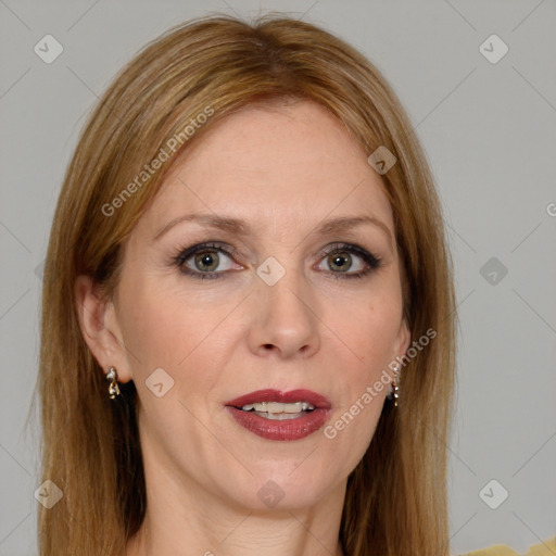 Joyful white adult female with medium  brown hair and grey eyes