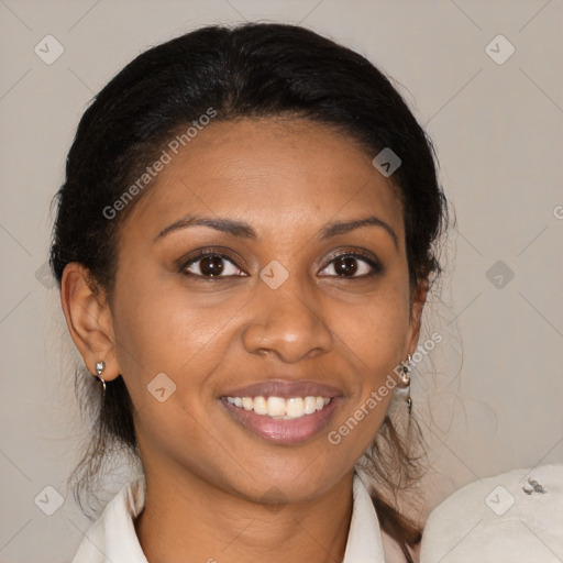 Joyful latino young-adult female with medium  brown hair and brown eyes