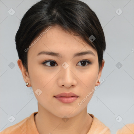 Neutral asian young-adult female with short  brown hair and brown eyes