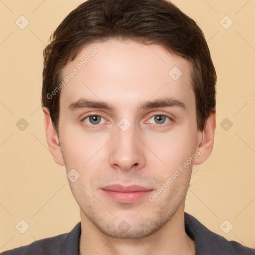 Neutral white young-adult male with short  brown hair and brown eyes