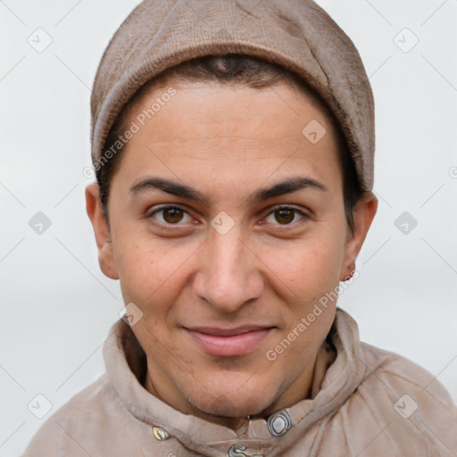 Joyful white young-adult female with short  brown hair and brown eyes