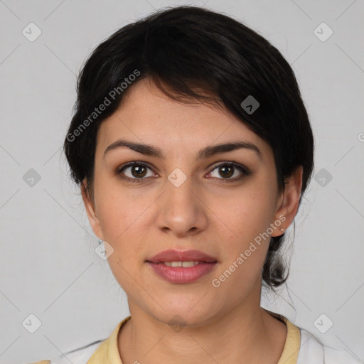 Joyful white young-adult female with medium  black hair and brown eyes