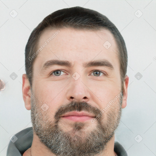 Neutral white adult male with short  brown hair and brown eyes