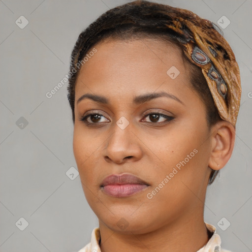 Joyful latino young-adult female with short  brown hair and brown eyes