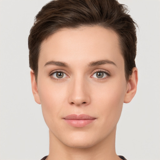 Neutral white young-adult female with short  brown hair and brown eyes